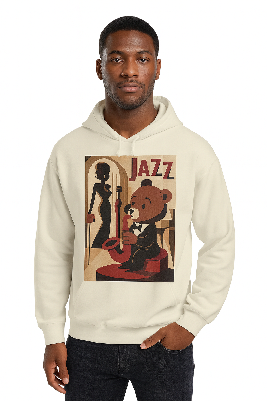 Vintage Jazz Bear Hoodie for Men and Women – Retro Music Art Graphic Sweatshirt - Image 3