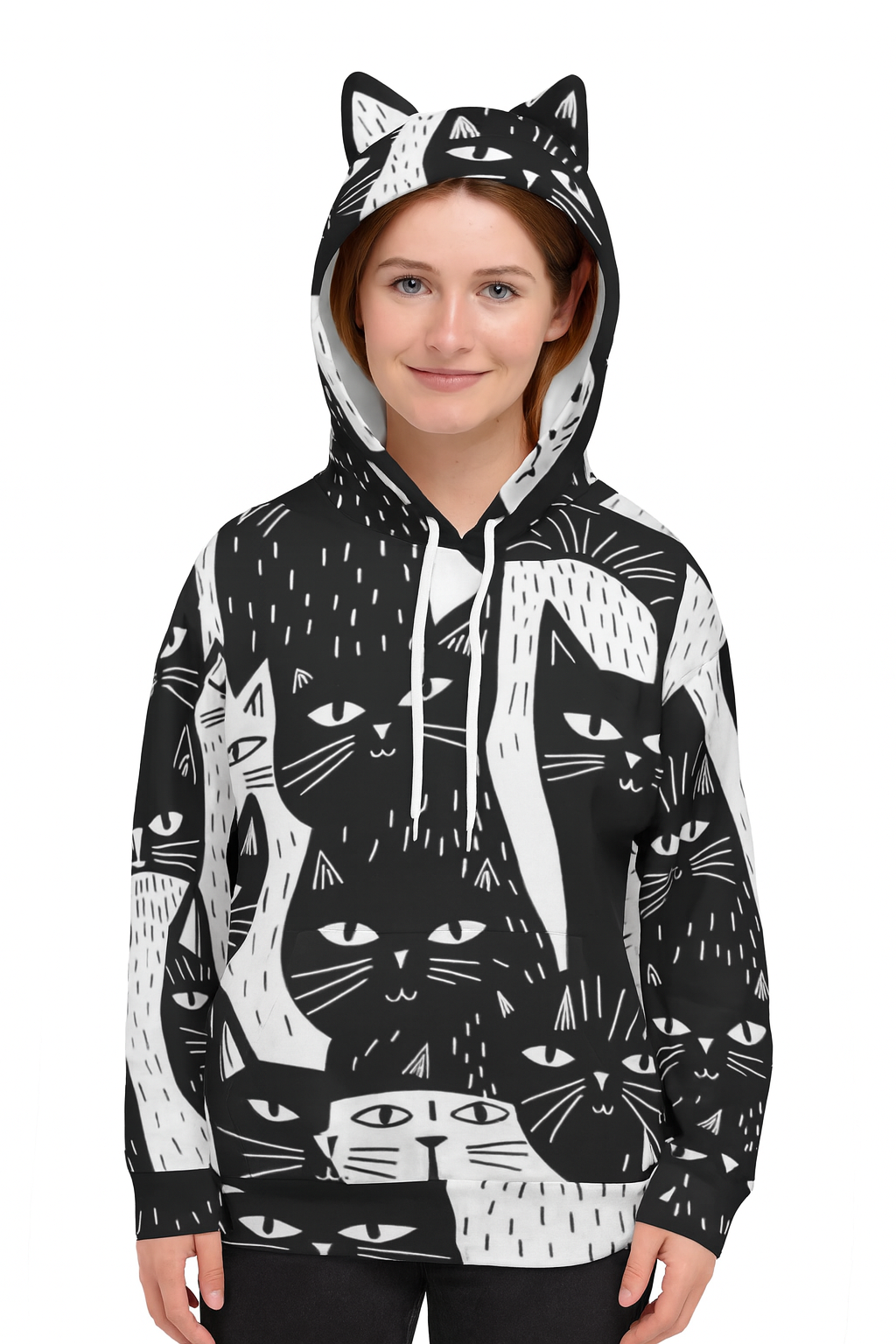 Cat Ear Hoodie for Women – Black and White Cat Print Graphic Sweatshirt with Ears - Image 2