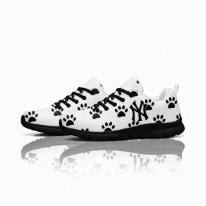 Paw Print Sneakers for Women – White Lace-Up Casual Shoes with Black Paw Pattern