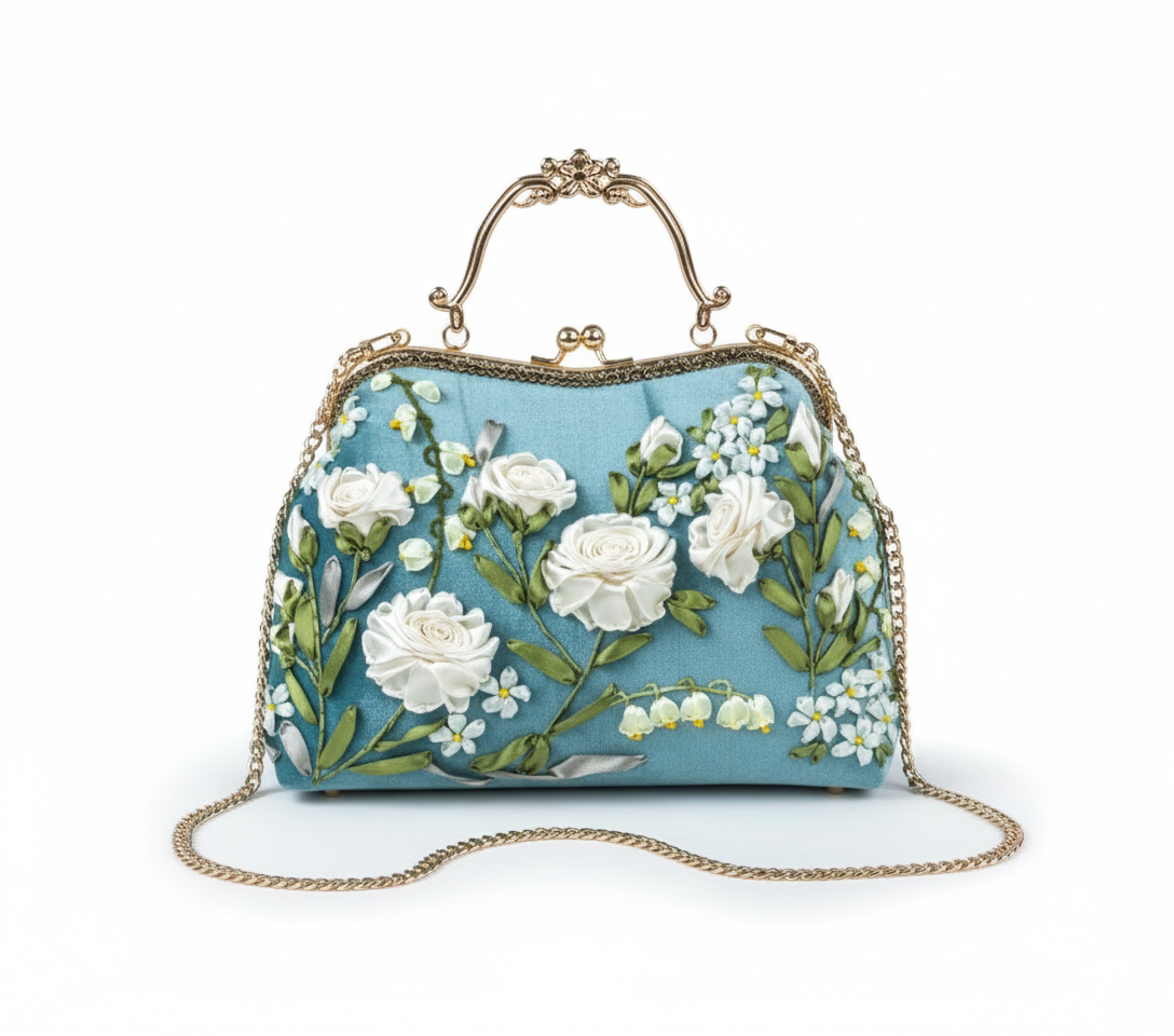 Vintage Blue Floral Embroidered Handbag – Elegant Retro Purse with White Roses - Image 2