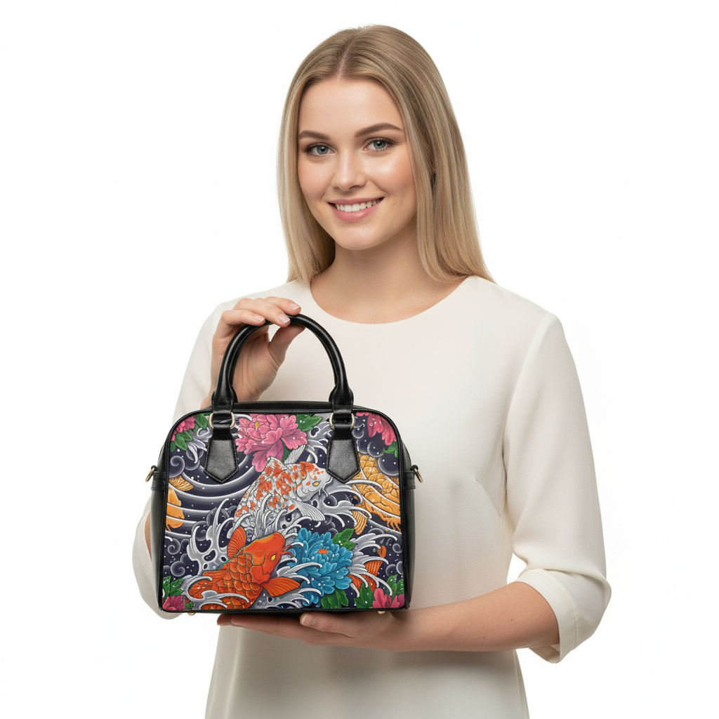 Japanese Koi Fish Handbag – Artistic Leather Purse with Floral Tattoo Design - Image 2