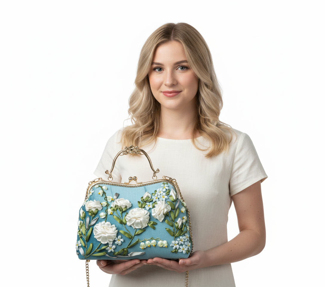Vintage Blue Floral Embroidered Handbag – Elegant Retro Purse with White Roses - Image 3
