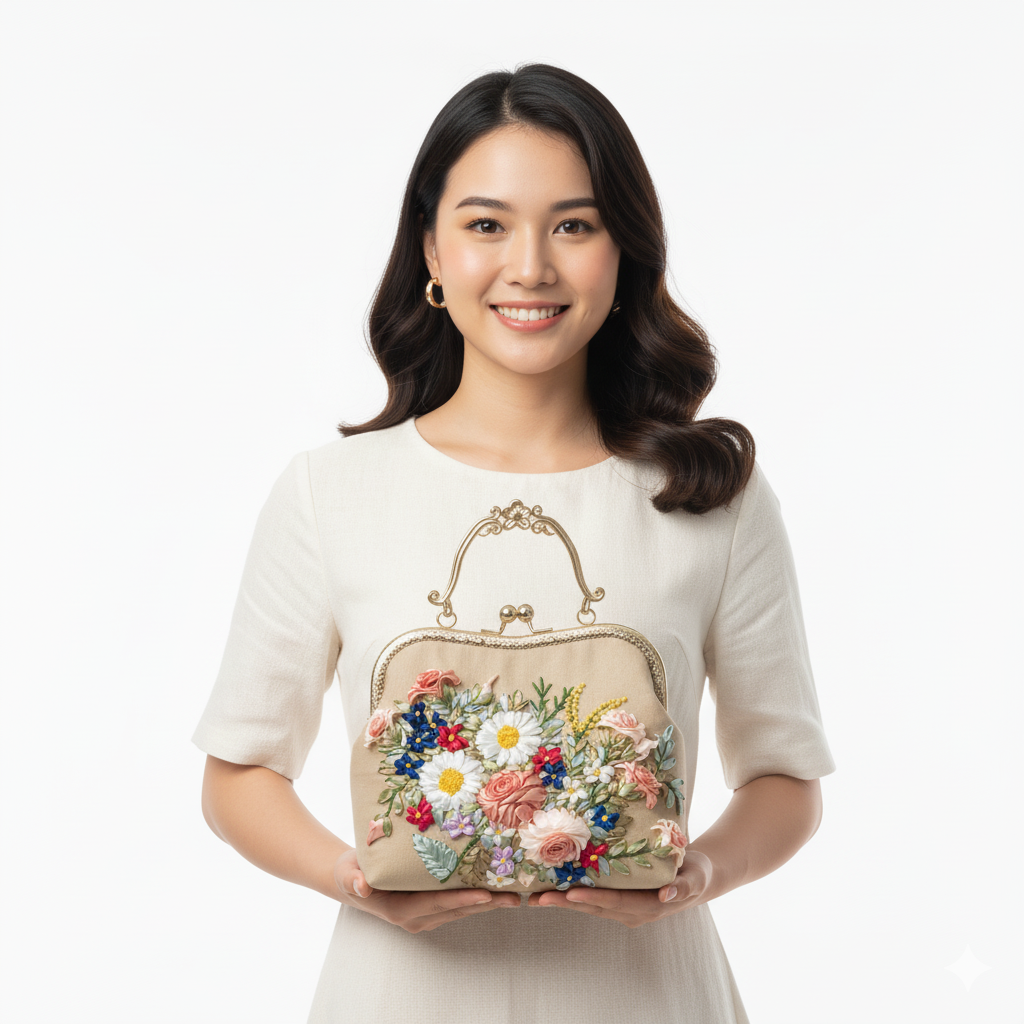 Vintage Floral Embroidered Handbag – Elegant Retro Purse with Metal Frame - Image 3