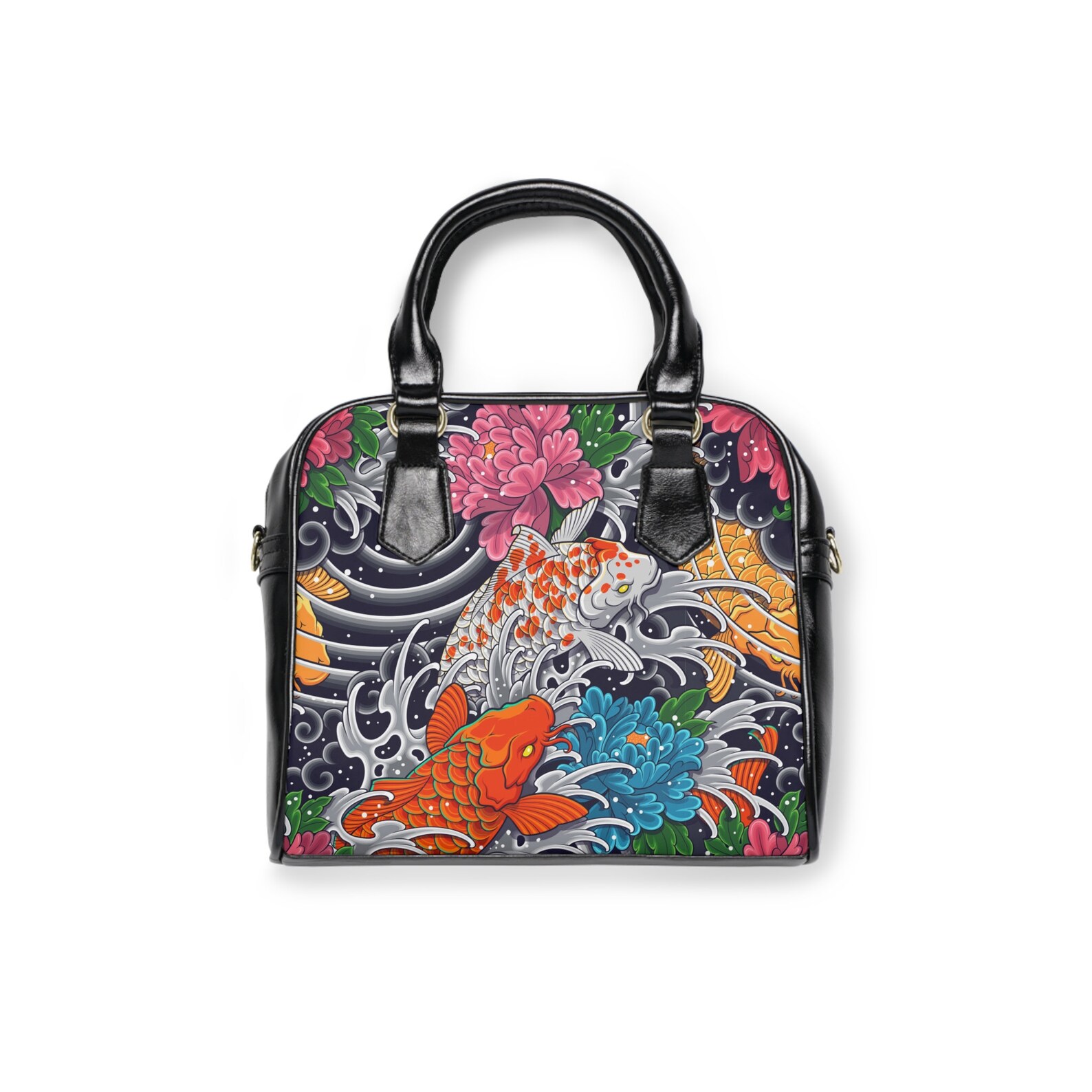 Japanese Koi Fish Handbag – Artistic Leather Purse with Floral Tattoo Design - Image 3